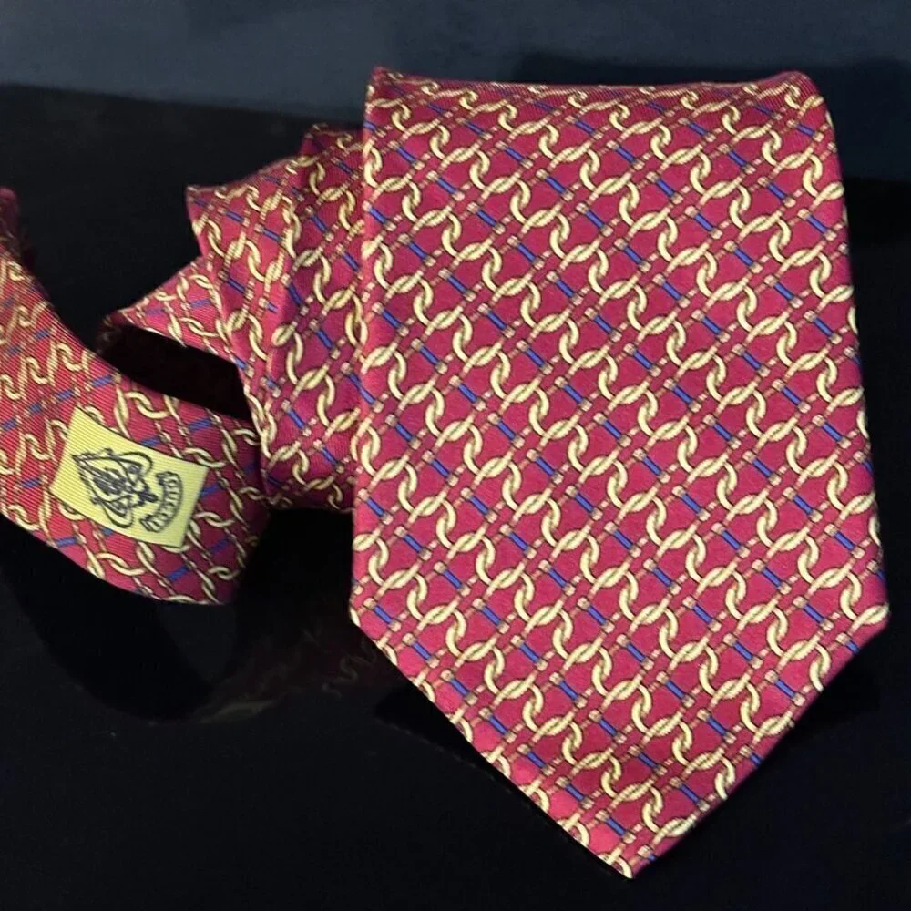Gucci Logo Silk Tie Silver Red Gold Chain Plaid Chains Euc Mint Mens Man's Gift